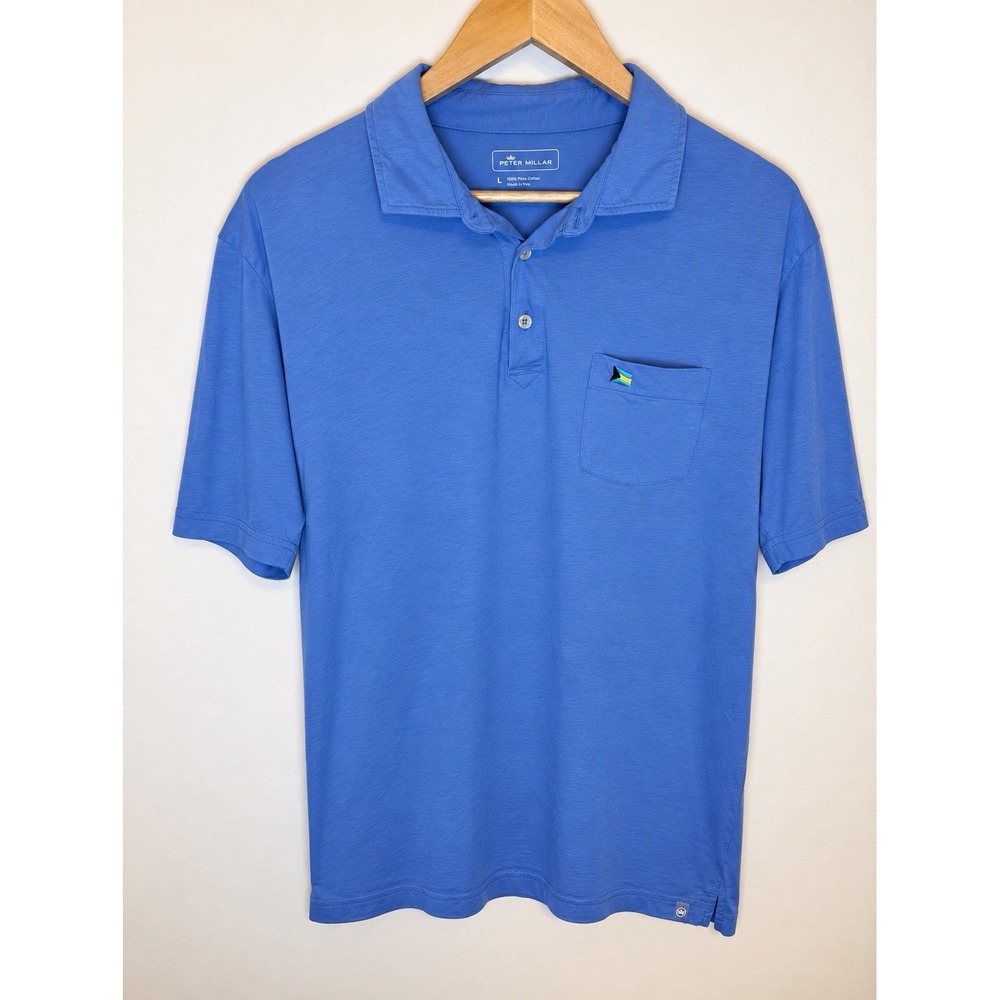 Peter Millar Polo Shirt Mens L Blue Pima Cotton Bahamas Flag Pro-Am Pocket Golf